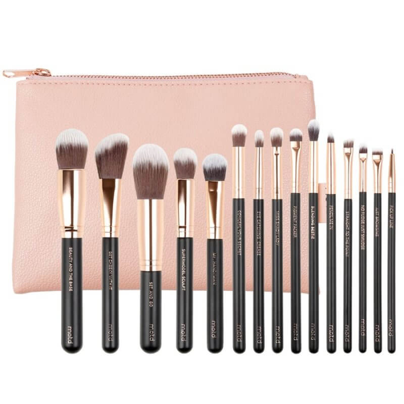 Vegan makeup brush set with pink vegan leather bag